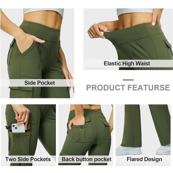 NWT Yoga Flare Leggings Women High Waisted Casual Pants Cargo 6 Pockets Green - Picture 3 of 14